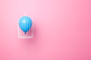 Obraz premium Blue balloon floating in white cage on pastel