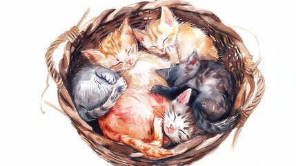 Fototapeta premium A watercolor painting of five kittens sleeping in a basket.