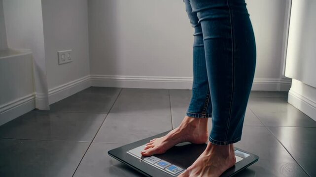 Woman stepping on digital scale in modern bathroom capturing weight loss journey. Health monitoring, diet, fitness