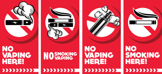 No smoking no vaping sign. Forbidden sign, in this area sign icon isolated on white background vector red label illustration. Cigarette, vape and smoke and in prohibition circle.