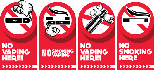 No smoking no vaping sign. Forbidden sign, in this area sign icon isolated on white background vector red label illustration. Cigarette, vape and smoke and in prohibition circle.
