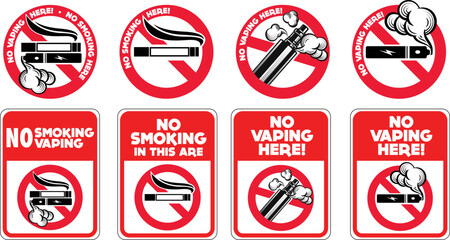 No smoking no vaping sign. Forbidden sign, in this area sign icon isolated on white background vector red label illustration. Cigarette, vape and smoke and in prohibition circle.