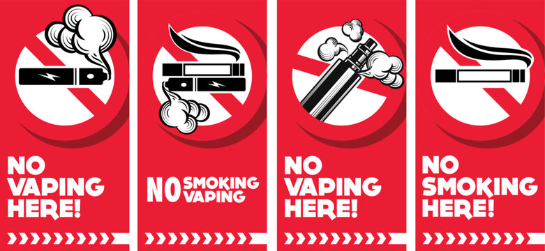 No smoking no vaping sign. Forbidden sign, in this area sign icon isolated on white background vector red label illustration. Cigarette, vape and smoke and in prohibition circle.