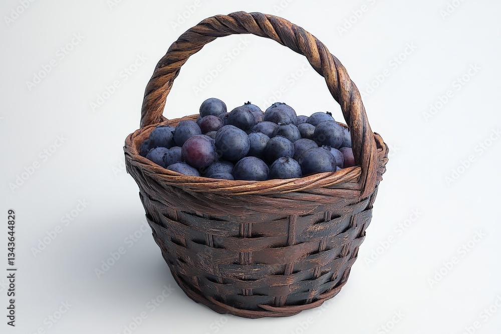 Poster freshly picked blueberries in a rustic woven basket showcasing vibrant colors and textures on a clea