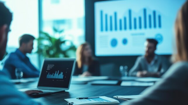 A pitch deck presentation to investors in a modern conference room.