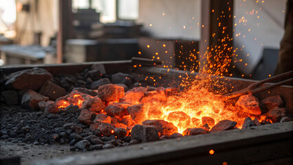 Fiery Sparks Erupting from Red Hot Coals in a Traditional Blacksmith Workshop