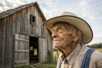 Elderly Farmer Staring at the Sky with a Weathered Barn in the Background Reflecting a Sense of Nostalgia and Connection to Rural Life