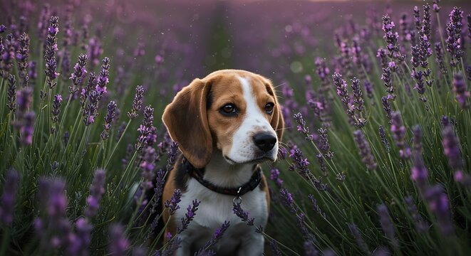 Beagle puppy portrait amidst lavender field - innocence, serenity - stock photography, pet-themed content