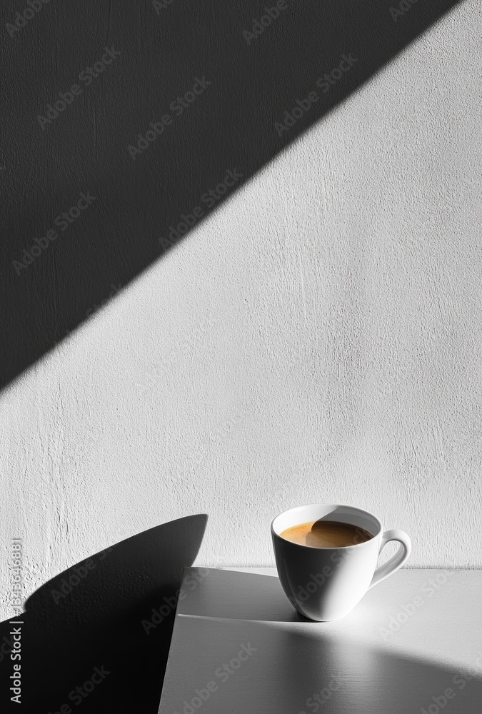 Aufkleber A pristine white coffee cup rests on a simple table, illuminated by sunlight streaming through a window. Bold shadows create a striking contrast against the serene background