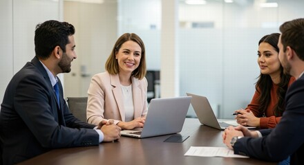 business colleagues working at laptop on professional project together, standing at computer, watching online presentation, talking