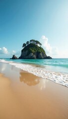 Obraz premium Island in the distance over a sandy beach at low tide, beach, coastal, sea