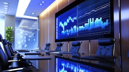 Fototapeta premium A team analyzing financial growth metrics displayed on a large screen in a boardroom.