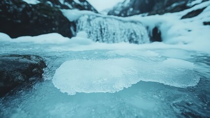 Translucent Ice Patch on Frozen Water with Blurred Waterfall Background