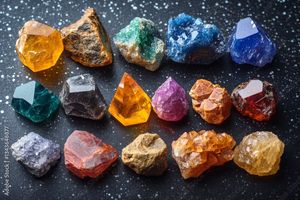 Poster Colorful collection of various gemstones displayed on a dark surface with sparkles