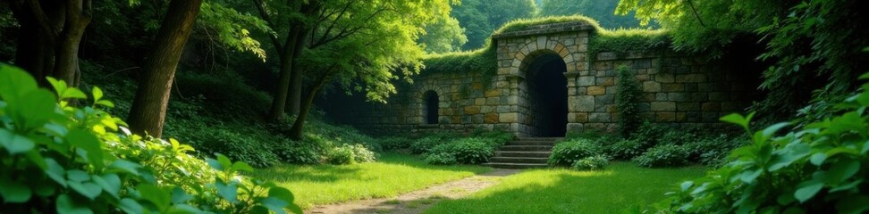 Lush greenery surrounds ancient stone structure,  historic site,  landscape,  castle