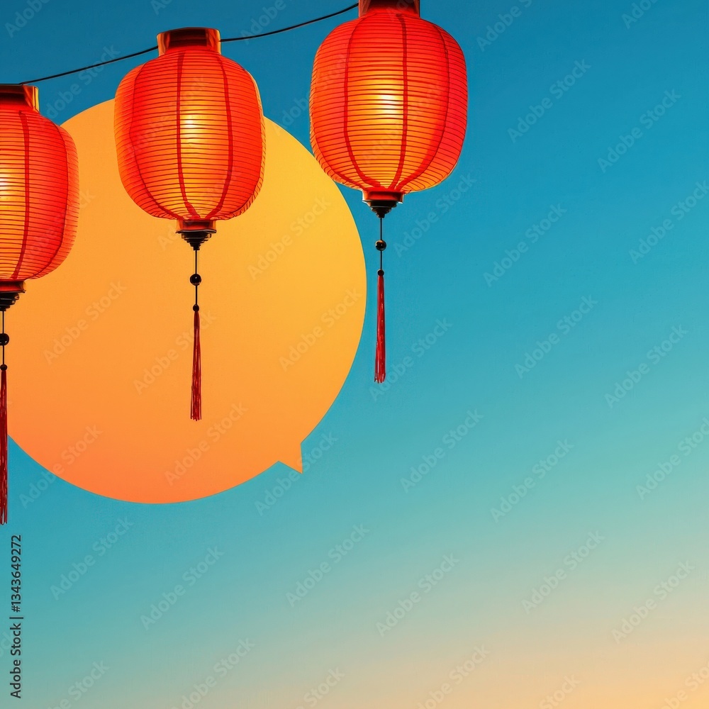 Poster a chain of lanterns hanging from a giant speech bubble, representing the connection between events