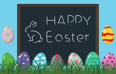 Vector illustration of Easter chalkboard sign with eggs and bunny.
