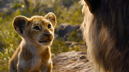 Obraz premium Lion Cub Learning from Father Lion Face