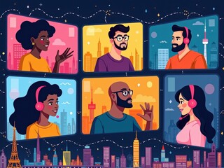 Grupo diverso de profesionales de diversos orígenes étnicos y rangos de edad, reunidos en un espacio de trabajo virtual, participando activamente en una videoconferencia