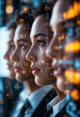 Mujeres profesionales en foco profundo, iluminados por pantallas de datos interactivas, que representan la innovación, la estrategia y el crecimiento corporativo