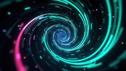 Abstract background with dynamic, spinning lines forming spiral patterns in neon shades of green, blue, and pink. Energetic, continuous motion of the spirals