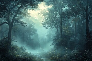 Obraz premium Mystical foggy forest. Fantasy foggy landscape with trees