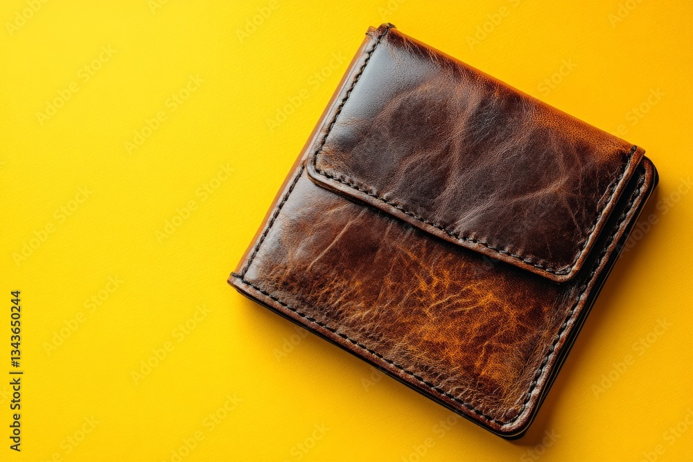 Poster vintage leather wallet resting on a bright yellow background showcasing its craftsmanship and textur