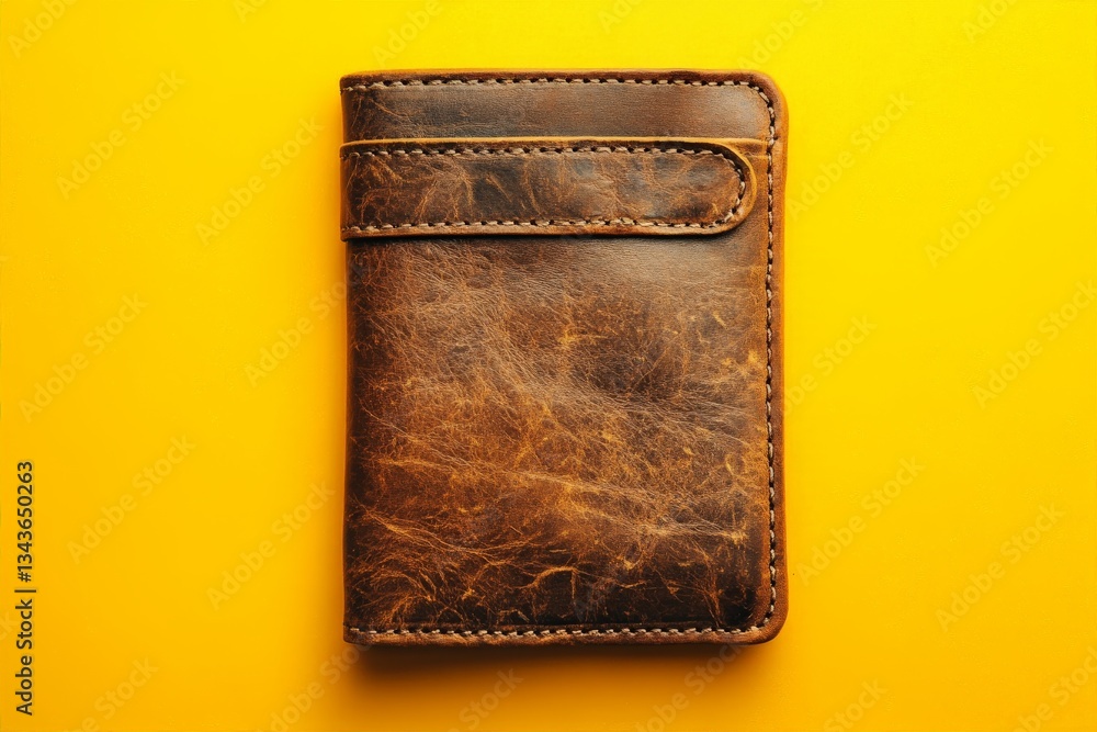 Poster vintage leather wallet resting on a bright yellow background showing unique texture and color variat