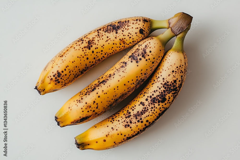 Poster Ripe bananas with spots resting on a light surface ready for use in baking or snacking