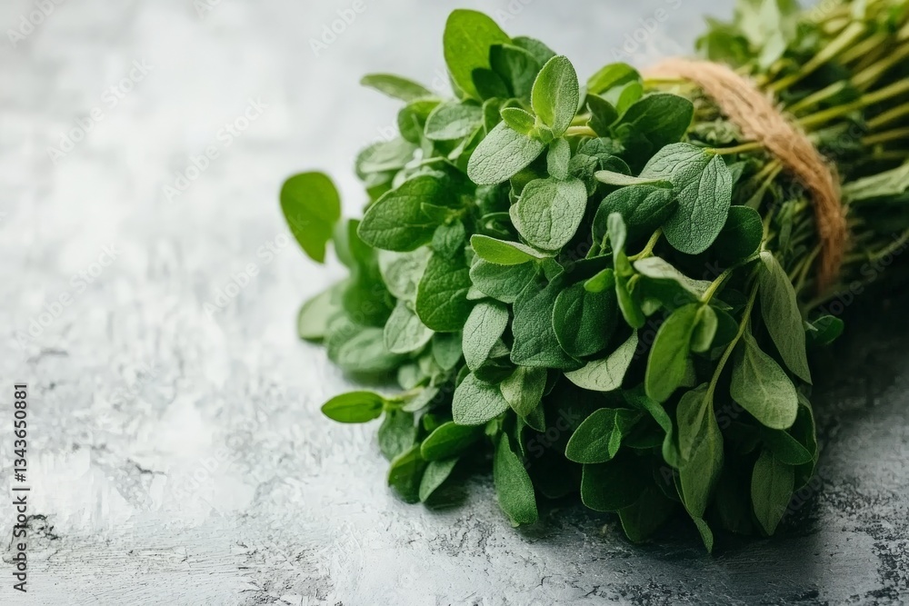 Poster freshly harvested oregano tied with string on a textured surface in a kitchen setting
