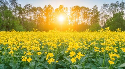 A field of yellow flowers under a bright sun with trees in the background at daytime