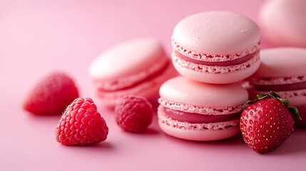 Pink macaroon with strawberry and raspberry on pink background, closeup