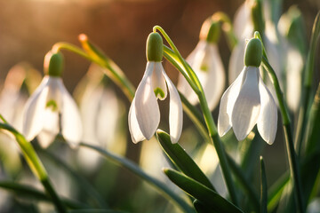 Fototapeta premium Beautiful spring flowers of white snowdrops close up
