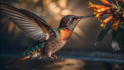 Fototapeta premium Hummingbird in Flight, Feeding on Flowers