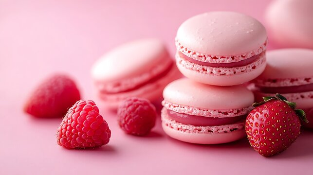 Pink macaroon with strawberry and raspberry on pink background, closeup