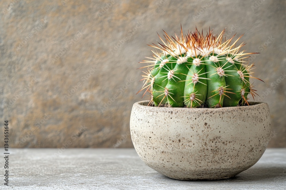 Aufkleber Cactus in a concrete pot displayed against a textured gray background in a minimalistic setting