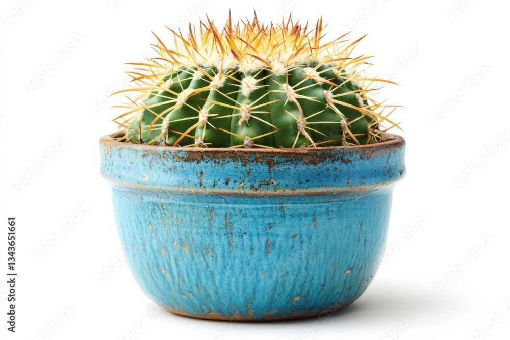 Poster Bright green cactus with spikes in a rustic blue pot displayed on a simple white backdrop