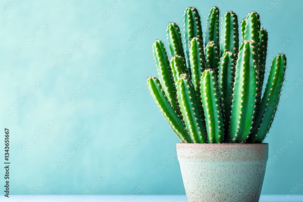 Poster cactus thrives in a rustic pot against a soft blue background in a minimalistic interior setting