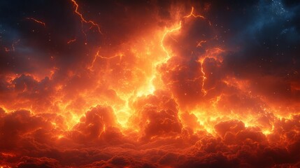 A stunning depiction of fiery clouds illuminated by intense orange and red hues, suggesting a dramatic cosmic or volcanic event.