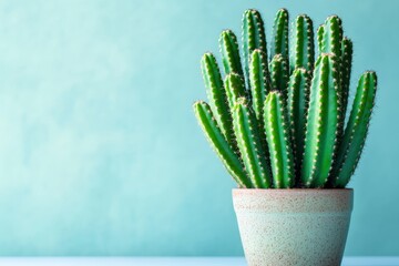 Cactus thrives in a rustic pot against a soft blue background in a minimalistic interior setting