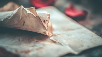 Crumpled Vintage Paper With Rose Petals on a Dark Table Surface