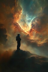 Obraz premium Astronaut stands before a celestial nebula wonder.