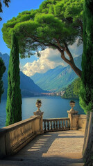 Serene italian lakeside view with lush greenery, majestic mountains, and charming architecture, perfect as phone background wallpaper