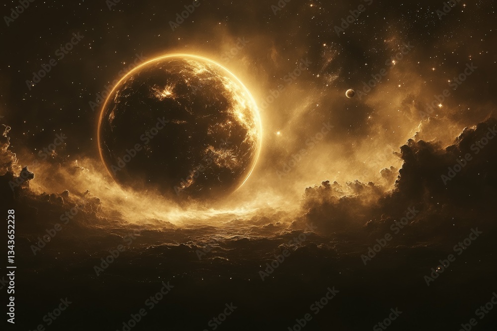 Poster celestial landscape featuring a glowing planet surrounded by cosmic clouds and distant stars at twil