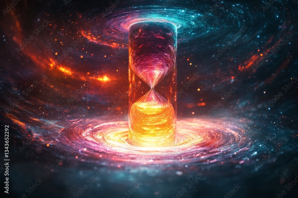 Poster cosmic hourglass displays the flow of time within a vibrant whirlpool of stars and galaxies