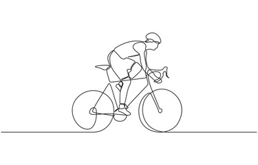 Single continuous line drawing of Man resting sitting on his bicycle in the park, Man riding bicycle continuous one line drawing. Riding bike single line art illustration. Editable vector.