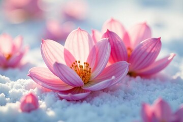 Delicate petals unfolding on a snowy white surface, flower field, bloom, blossom