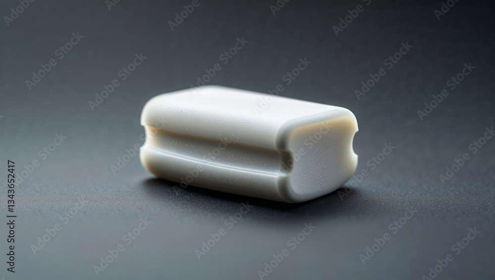Poster sculpted white object resting on a dark surface with a smooth texture and a minimalist design