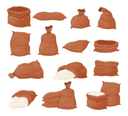Flour bags empty and full of grain harvest set isometric vector illustration