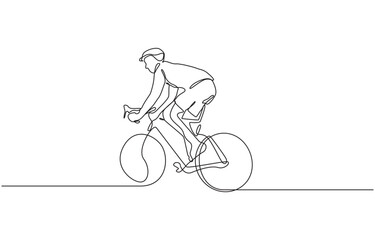 Single continuous line drawing of Man resting sitting on his bicycle in the park, Man riding bicycle continuous one line drawing. Riding bike single line art illustration. Editable vector.